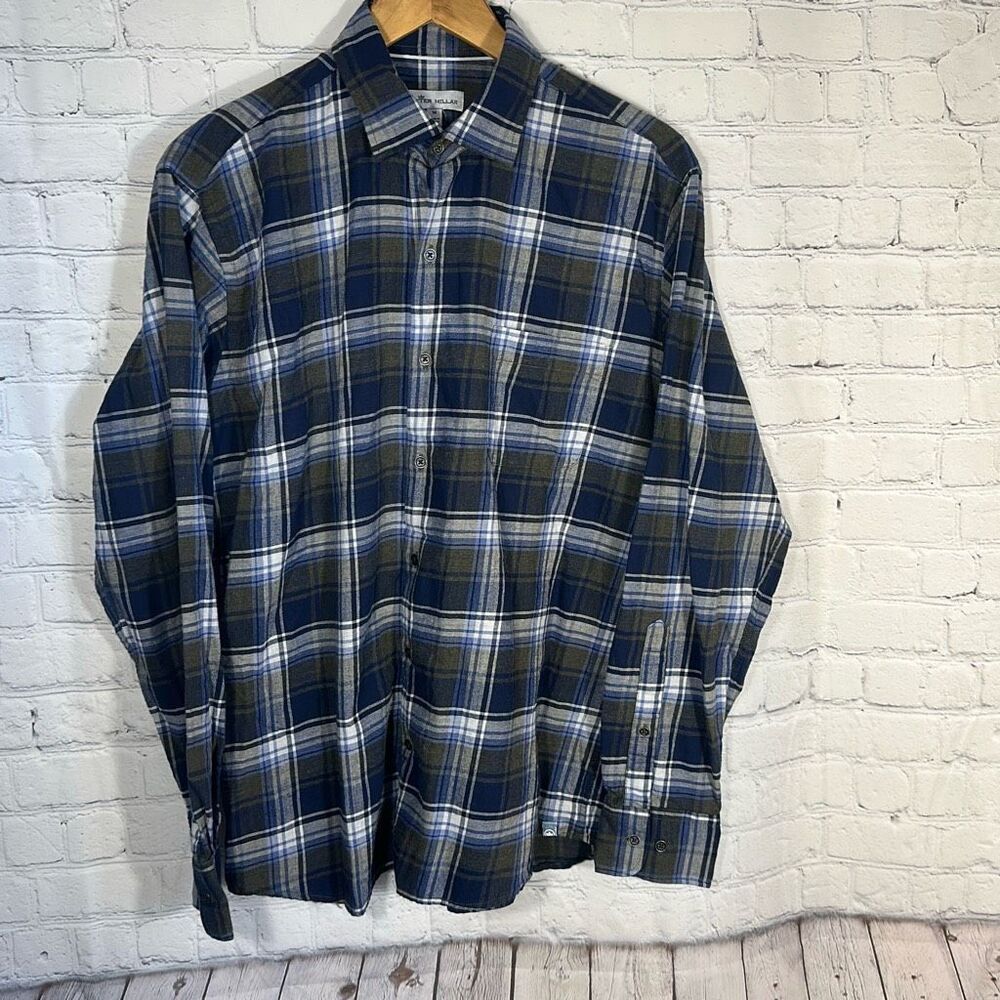 Peter Millar Crown Sport Flannel Shirt Mens Medium Blue Plaid Timber Park